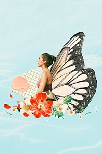 Yoga woman illustration, butterfly wing background 