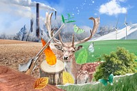 Deer in nature background, mixed media collage vector