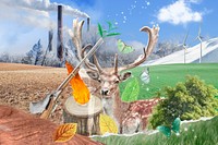 Deer in nature background, mixed media collage psd