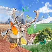 Deer in nature mixed media collage psd