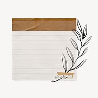 Aesthetic lined paper note with line art leaf psd