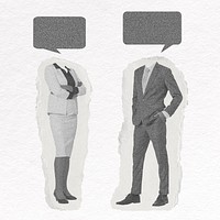 Business people and speech bubble on ripped paper collage element psd