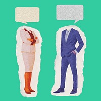 Business people and speech bubble on ripped paper collage element psd