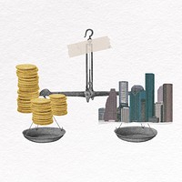 Buildings and money on weight scale, real estate collage element psd