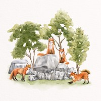 Nature watercolor collage element, skulk of fox in forest illustration psd