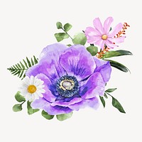 Watercolor purple anemone flower, spring collage element vector