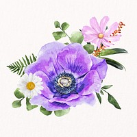 Purple anemone flower, watercolor collage element psd