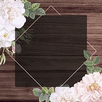 Frame on a wooden background with musk rose illustration