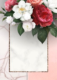 Floral frame on a marble textured background vector