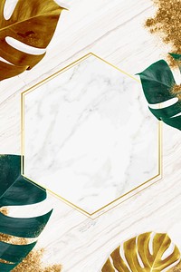 Hexagon golden nature frame on a marble background vector