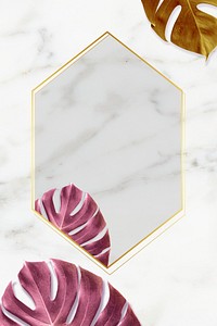 Hexagon golden frame on a marble background