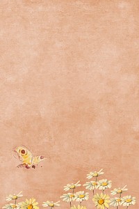 Yellow and white daisies with butterfly on brown oil paint background vector