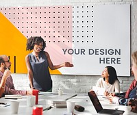 Happy black woman presenting in an office meeting with a board mockup