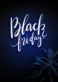 Neon white black Friday sign on a blue wall