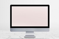 Desktop computer with screen mockup on a white marble table illustration