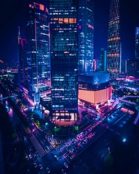 Glowing Guangzhou cityscape at night, China