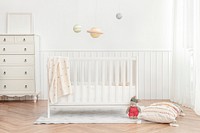 Scandinavian interior kids bedroom with baby crib