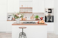 Minimal white kitchen, clean interior design