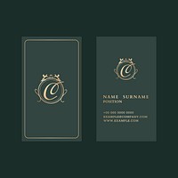 Luxury business card template vector in gold and green tone with front and rear view flatlay