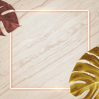 Square orange neon frame on tropical leaves background vector