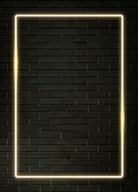 Rectangle yellow neon frame on a black brick wall vector