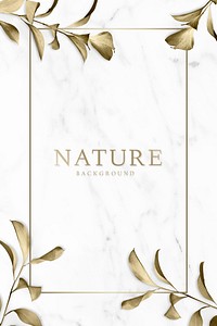 Gold eucalyptus leaves on white marble background