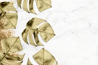 Gold split-leaf  philodendron frame on white marble background illustration
