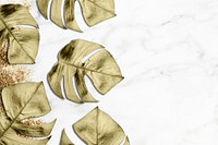 Gold split-leaf philodendron frame on white marble background vector