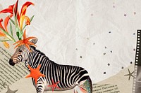Zebra illustration background, animal collage scrapbook mixed media artwork psd