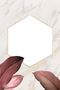 Hexagon foliage frame on white marble background vector