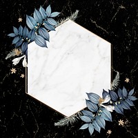 Hexagon foliage frame on black background vector