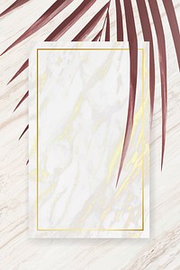 Rectangle gold frame on reddish brown palm leaf pattern white marble background vector