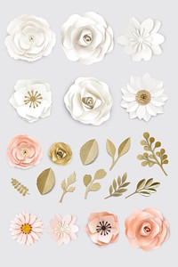 White and pink paper craft flower element illustration set