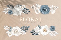 White and blue paper craft flower banner illustration set