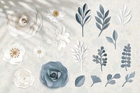 Blue and white paper craft flower elements on gray background illustration