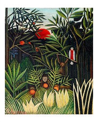 Monkeys and Parrot in the Virgin Forest (Singes et perroquet dans la for&ecirc;t vierge) (ca. 1905&ndash;1906) by Henri Rousseau. Original from Barnes Foundation. Digitally enhanced by rawpixel.