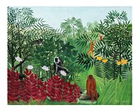 Tropical forest with monkeys vintage illustration wall art print and poster design remix from original artwork by Henri Rousseau..