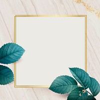 Square gold frame with foliage pattern background vector