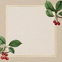 Hand drawn cherry pattern with square gold frame vector