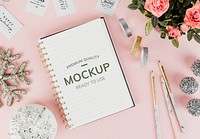 Girly notepad paper mockup aerial view