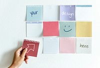 Sticky note mockups on a white wall