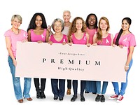 Diverse women with a pink ribbon campaign banner mockup