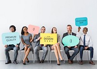 Diverse business people showing speech bubble mockups