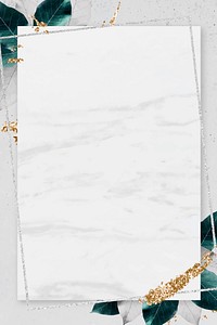 Rectangle silver frame with foliage on marble texture background vector