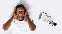 Black man listening to music on his headphone beside a muscial note paper