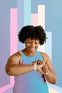 Happy active African American woman using a smartwatch mockup
