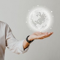 Man presenting a globe in his palm