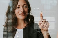 Woman pressing her finger to a screen mockup