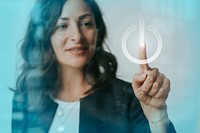 Woman pressing her finger to a screen mockup