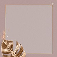 Square gold frame with metallic monstera leaf background vector